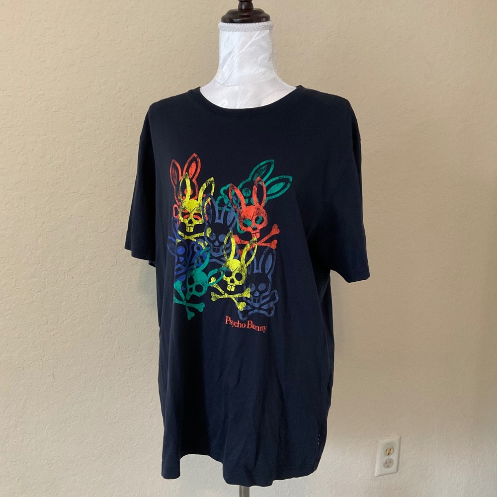 Psycho Bunny Mens Graphic T-Shirt Black Pima Cotton Size 6 Large Multicolored